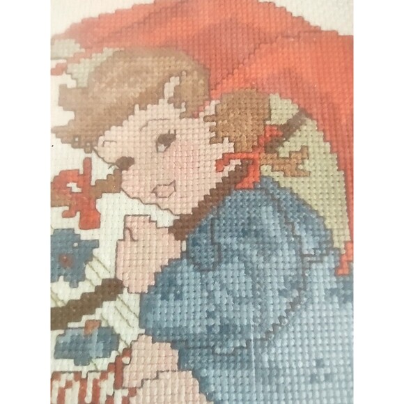 14X14" Needlepoint Framed Pictures Cross Stitch Art 70s Girl Flowers Parasol - Picture 4 of 9